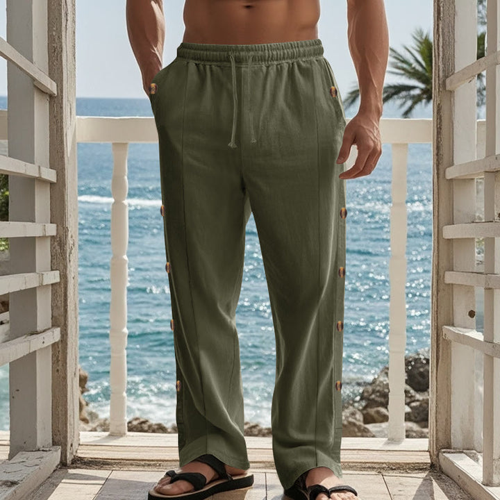 Buddha Stones Solid Color Side Buttons Men's Cotton Pants With Pockets - image 30