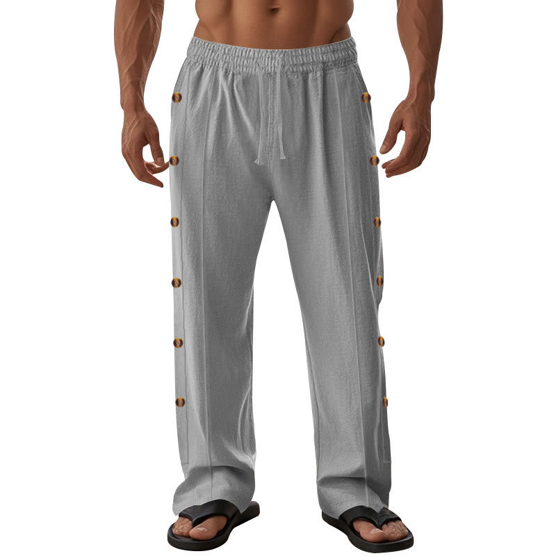 Buddha Stones Solid Color Side Buttons Men's Cotton Pants With Pockets - image 42