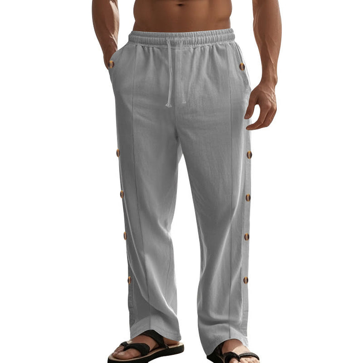 Buddha Stones Solid Color Side Buttons Men's Cotton Pants With Pockets - image 41