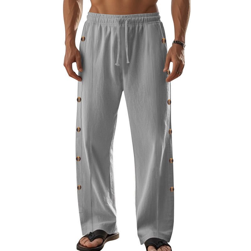 Buddha Stones Solid Color Side Buttons Men's Cotton Pants With Pockets - image 43