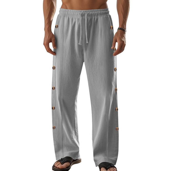 Buddha Stones Solid Color Side Buttons Men's Cotton Pants With Pockets - image 43