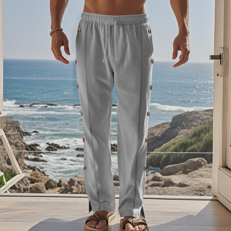 Buddha Stones Solid Color Side Buttons Men's Cotton Pants With Pockets - image 38