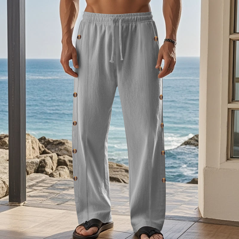 Buddha Stones Solid Color Side Buttons Men's Cotton Pants With Pockets - image 37