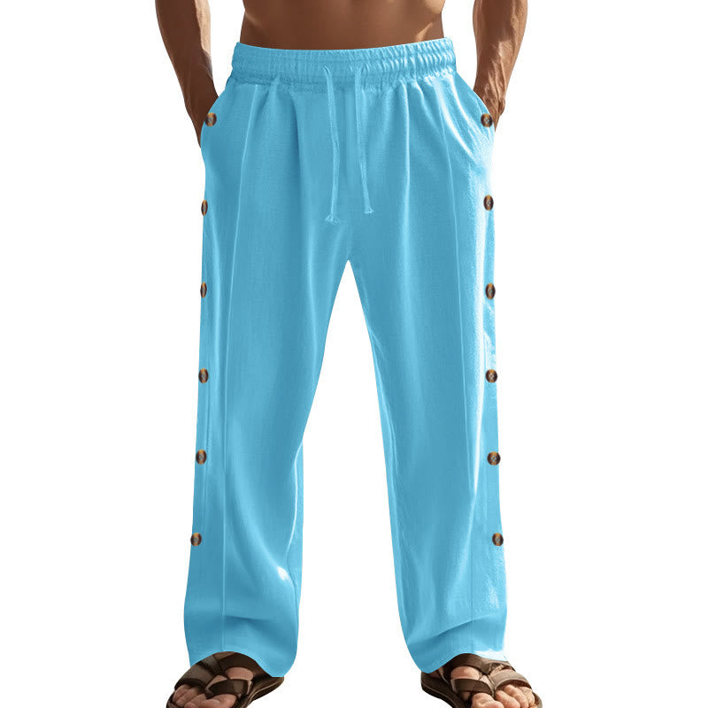 Buddha Stones Solid Color Side Buttons Men's Cotton Pants With Pockets - image 57