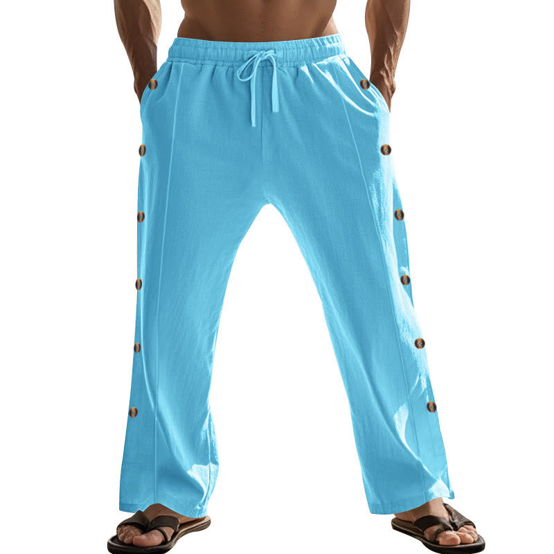 Buddha Stones Solid Color Side Buttons Men's Cotton Pants With Pockets - image 60