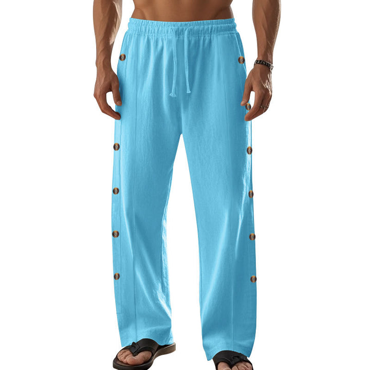 Buddha Stones Solid Color Side Buttons Men's Cotton Pants With Pockets - image 45