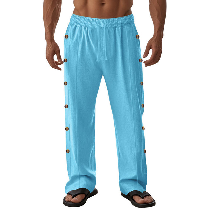 Buddha Stones Solid Color Side Buttons Men's Cotton Pants With Pockets - image 59