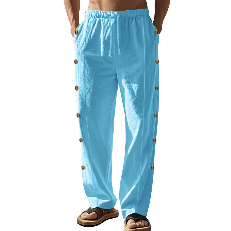 Buddha Stones Solid Color Side Buttons Men's Cotton Pants With Pockets - image 58