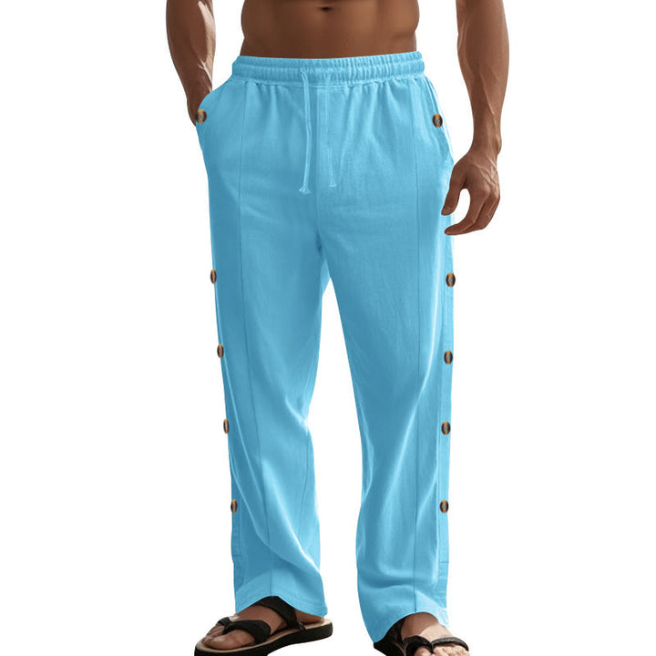 Buddha Stones Solid Color Side Buttons Men's Cotton Pants With Pockets - image 56