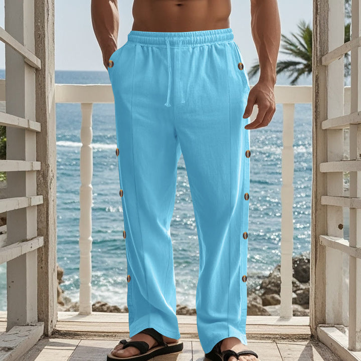 Buddha Stones Solid Color Side Buttons Men's Cotton Pants With Pockets - image 52