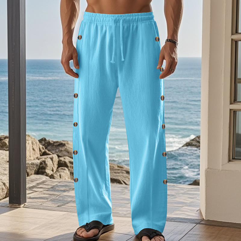Buddha Stones Solid Color Side Buttons Men's Cotton Pants With Pockets - image 46