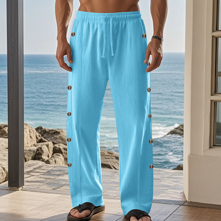 Buddha Stones Solid Color Side Buttons Men's Cotton Pants With Pockets - image 46