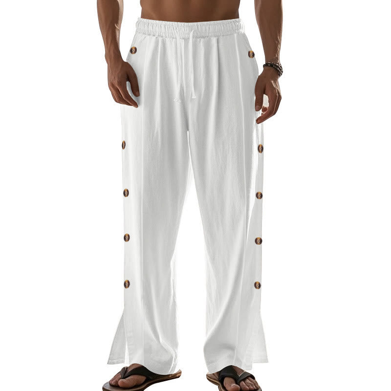 Buddha Stones Solid Color Side Buttons Men's Cotton Pants With Pockets - image 66