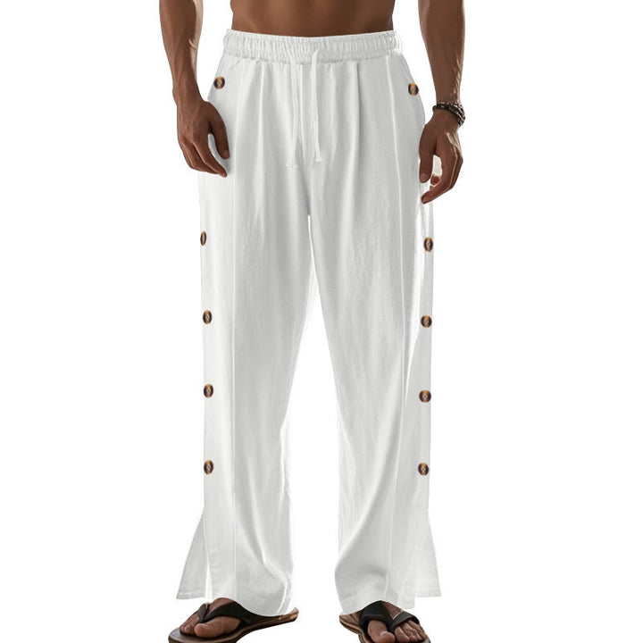 Buddha Stones Solid Color Side Buttons Men's Cotton Pants With Pockets - image 66
