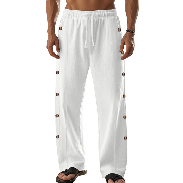 Buddha Stones Solid Color Side Buttons Men's Cotton Pants With Pockets - image 67