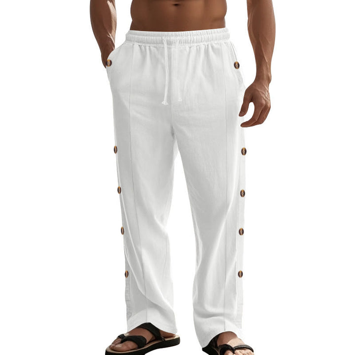 Buddha Stones Solid Color Side Buttons Men's Cotton Pants With Pockets - image 69