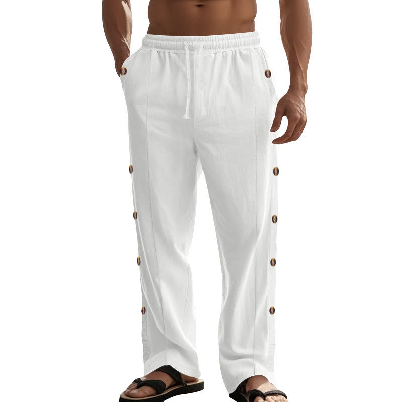 Buddha Stones Solid Color Side Buttons Men's Cotton Pants With Pockets - image 69