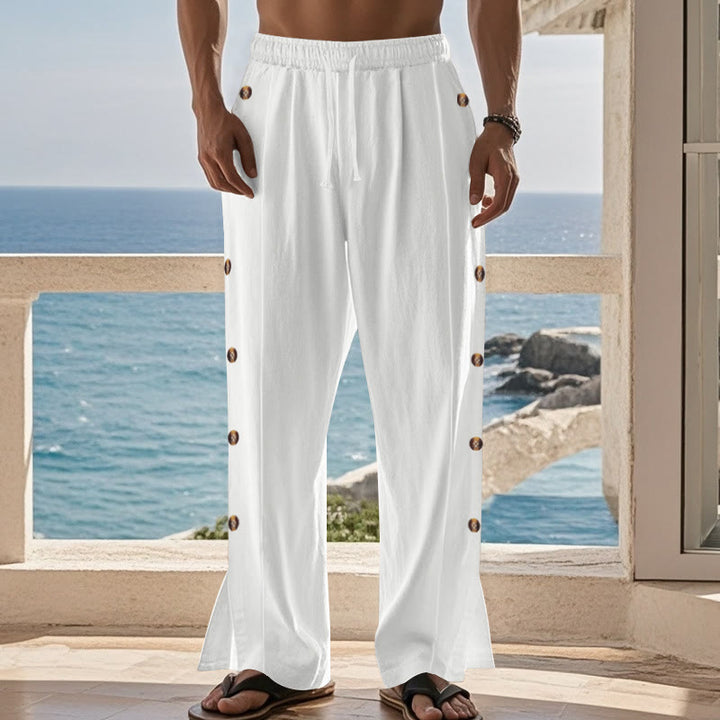 Buddha Stones Solid Color Side Buttons Men's Cotton Pants With Pockets - image 63