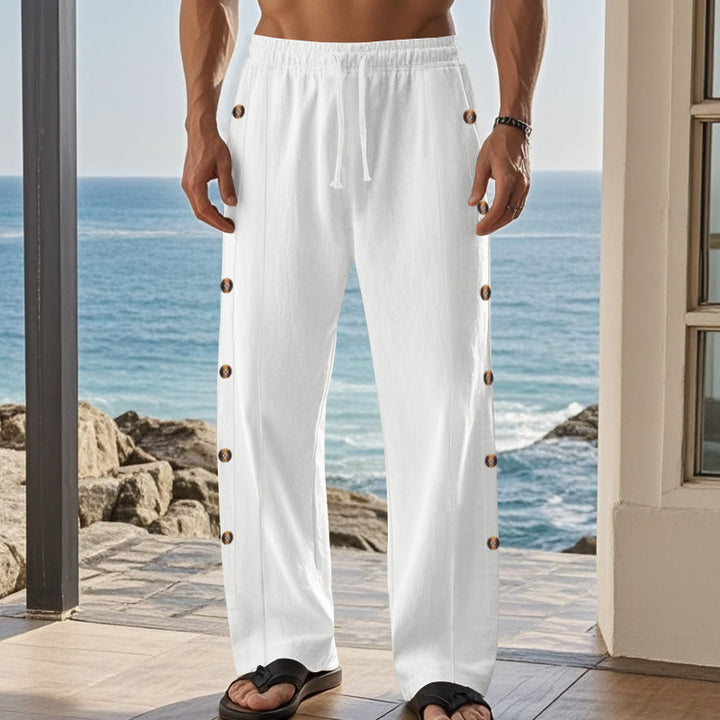 Buddha Stones Solid Color Side Buttons Men's Cotton Pants With Pockets - image 64