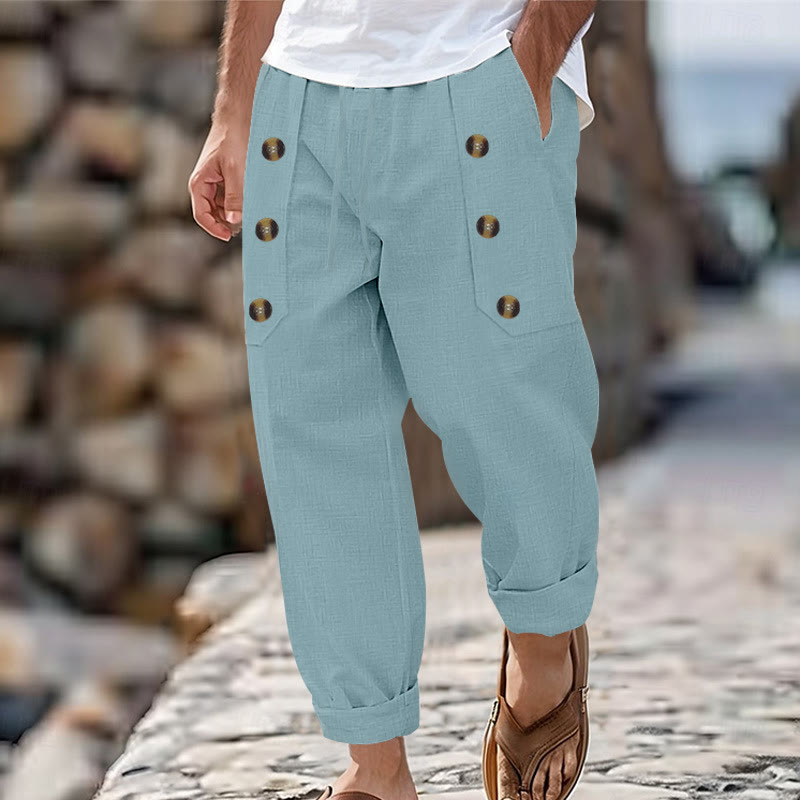 Buddha Stones Casual Plain Color Buttons Men's Cotton Pants With Pockets - PaleTurquoise - US/UK/AU46,EU56 (3XL) - image 17