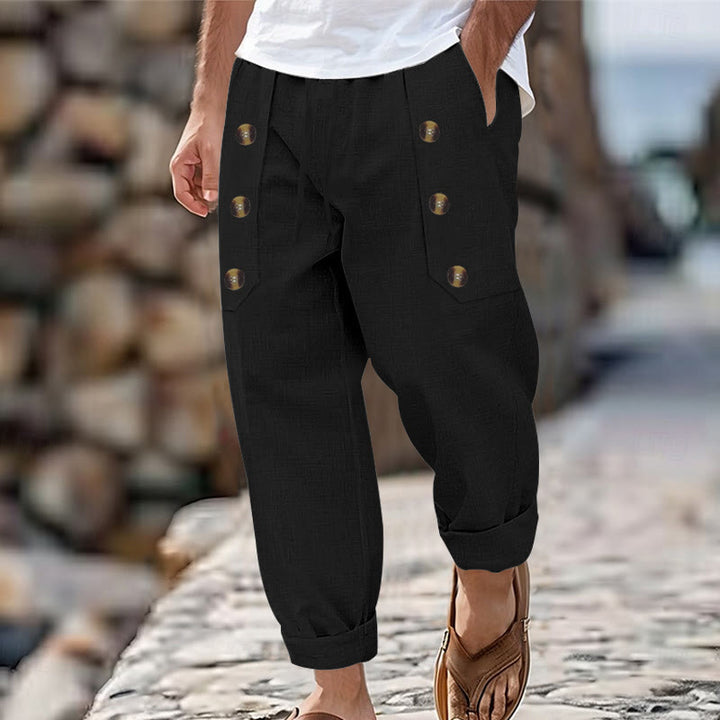 Buddha Stones Casual Plain Color Buttons Men's Cotton Pants With Pockets - Black - US/UK/AU46,EU56 (3XL) - image 9