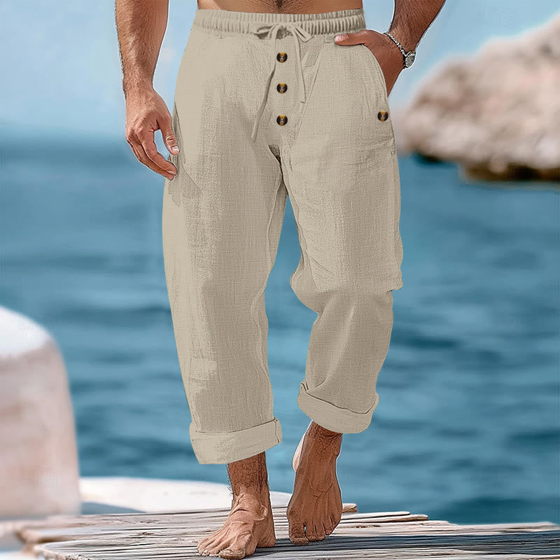 Buddha Stones Solid Color Buttons Drawstring Men's Cotton Pants With Pockets - Beige - US/UK/AU46,EU56 (3XL) - image 34