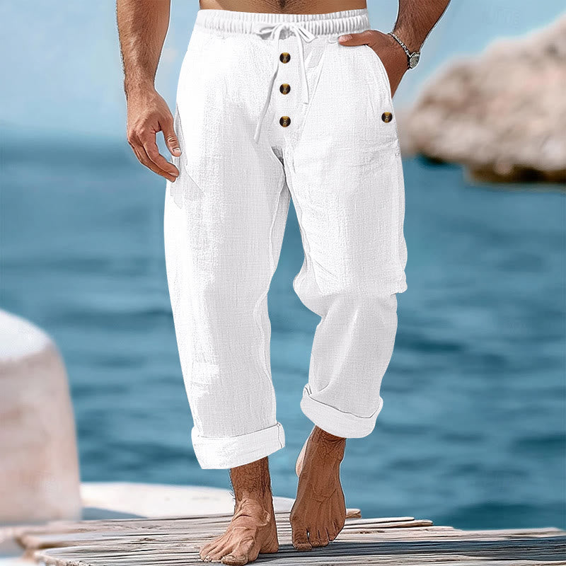 Buddha Stones Solid Color Buttons Drawstring Men's Cotton Pants With Pockets - White - US/UK/AU46,EU56 (3XL) - image 8