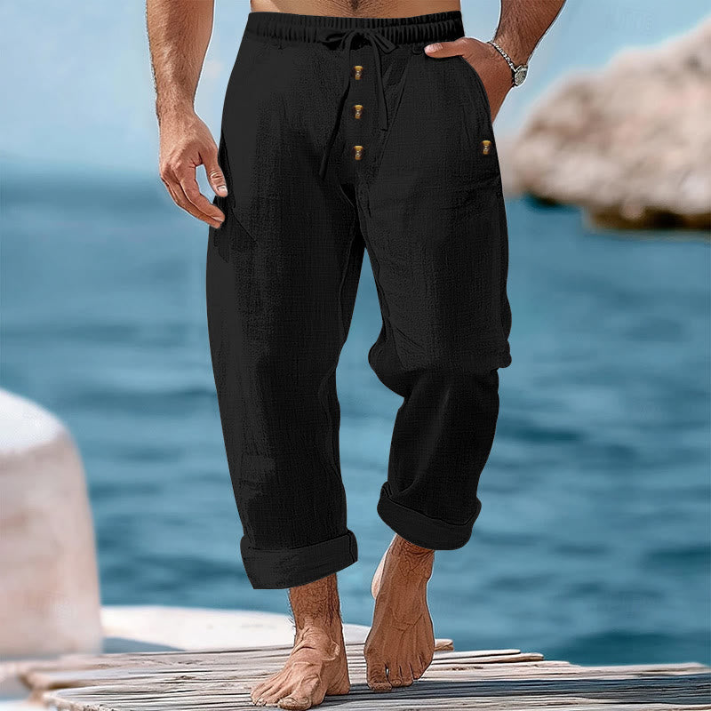 Buddha Stones Solid Color Buttons Drawstring Men's Cotton Pants With Pockets - Black - US/UK/AU46,EU56 (3XL) - image 15