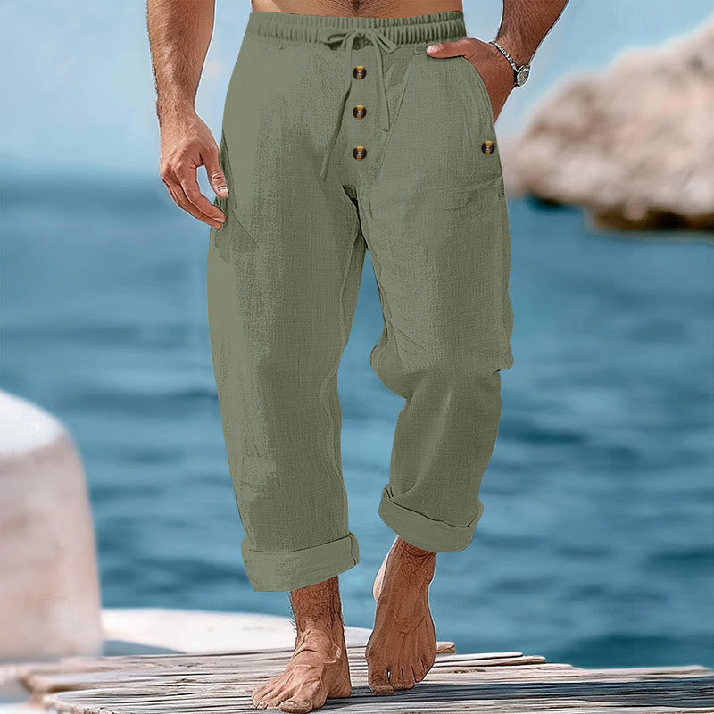 Buddha Stones Solid Color Buttons Drawstring Men's Cotton Pants With Pockets - DarkSeaGreen - US/UK/AU46,EU56 (3XL) - image 27