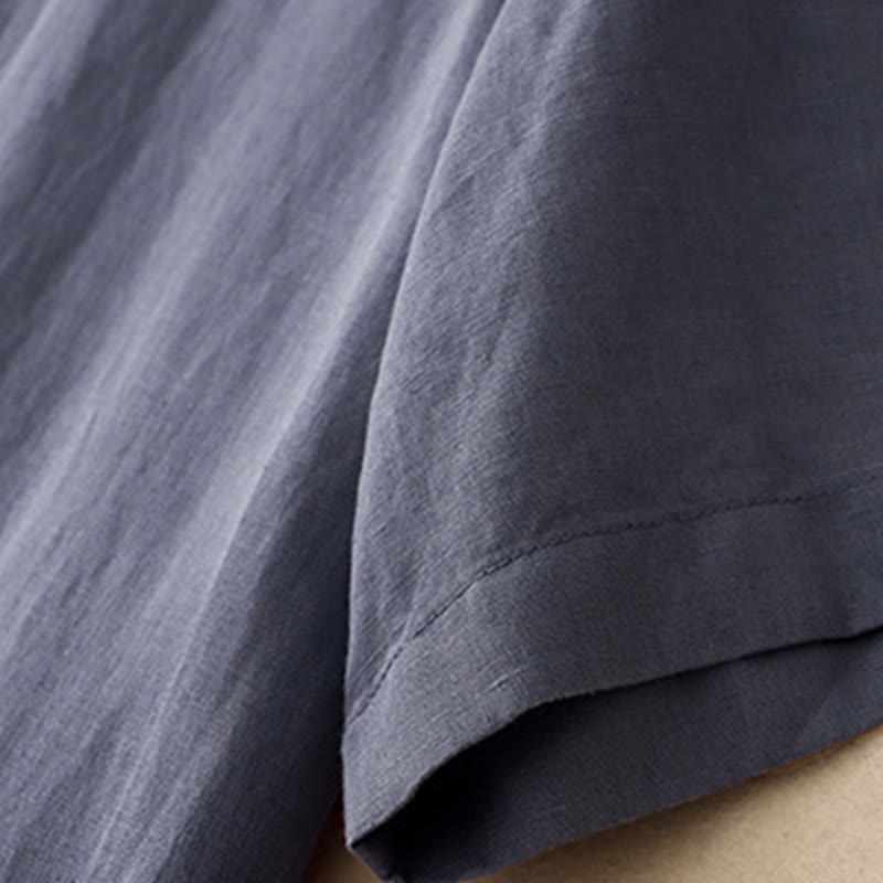 Buddha Stones Commute Pure Color Buttons Design Short Sleeve Cotton Linen Midi Dress With Pockets - image 6