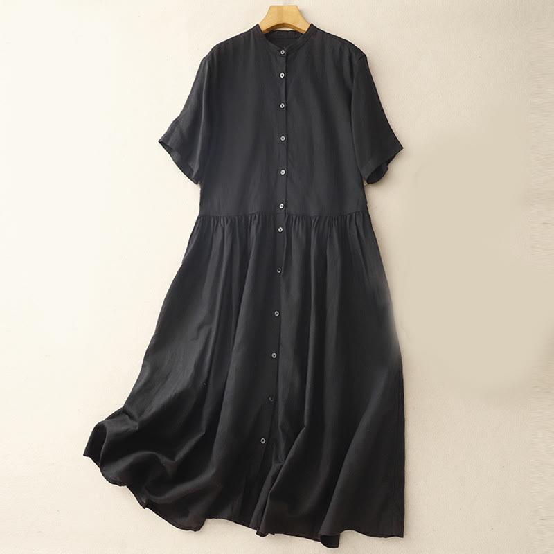 Buddha Stones Commute Pure Color Buttons Design Short Sleeve Cotton Linen Midi Dress With Pockets - Black - US8-10,UK/AU12-14,EU40-42 (2XL) - image 9
