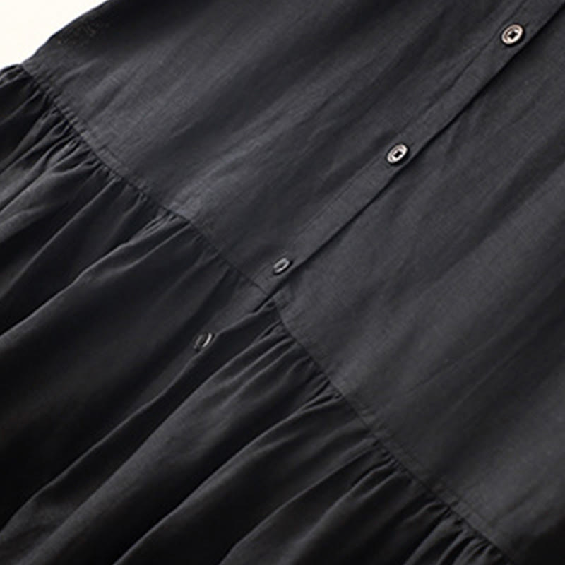 Buddha Stones Commute Pure Color Buttons Design Short Sleeve Cotton Linen Midi Dress With Pockets - image 11