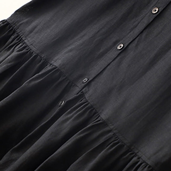 Buddha Stones Commute Pure Color Buttons Design Short Sleeve Cotton Linen Midi Dress With Pockets - image 11