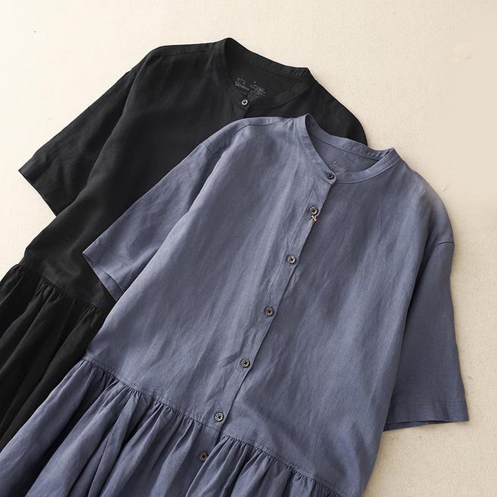 Buddha Stones Commute Pure Color Buttons Design Short Sleeve Cotton Linen Midi Dress With Pockets - image 16