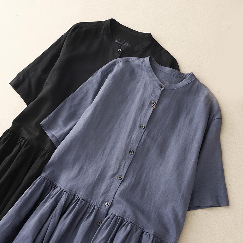 Buddha Stones Commute Pure Color Buttons Design Short Sleeve Cotton Linen Midi Dress With Pockets - image 16