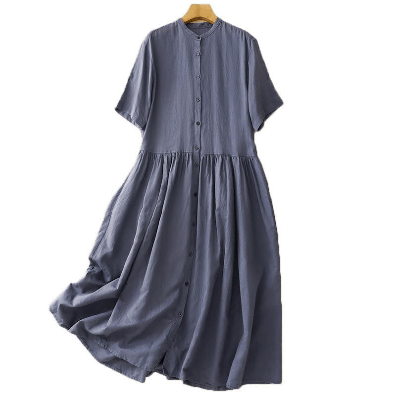 Buddha Stones Commute Pure Color Buttons Design Short Sleeve Cotton Linen Midi Dress With Pockets - image 8