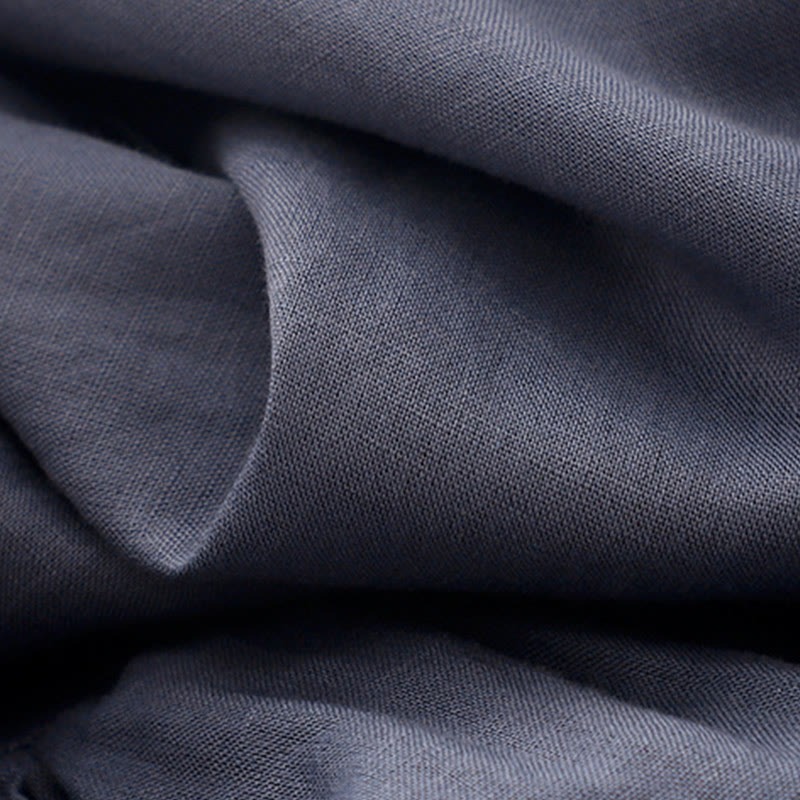 Buddha Stones Commute Pure Color Buttons Design Short Sleeve Cotton Linen Midi Dress With Pockets - image 5