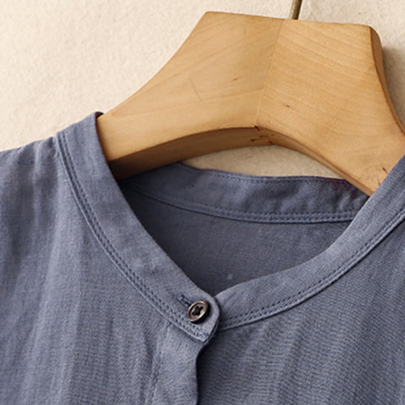 Buddha Stones Commute Pure Color Buttons Design Short Sleeve Cotton Linen Midi Dress With Pockets - image 3