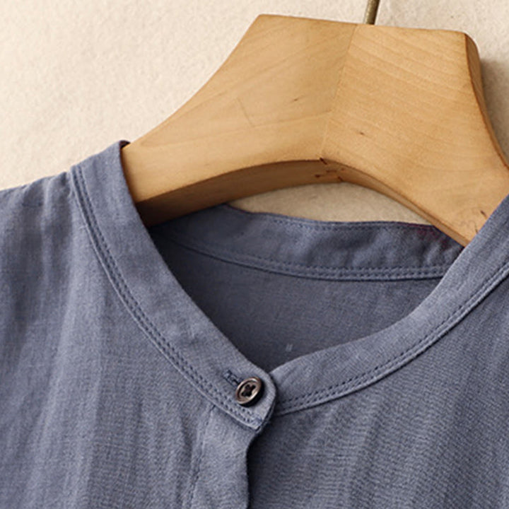 Buddha Stones Commute Pure Color Buttons Design Short Sleeve Cotton Linen Midi Dress With Pockets - image 3