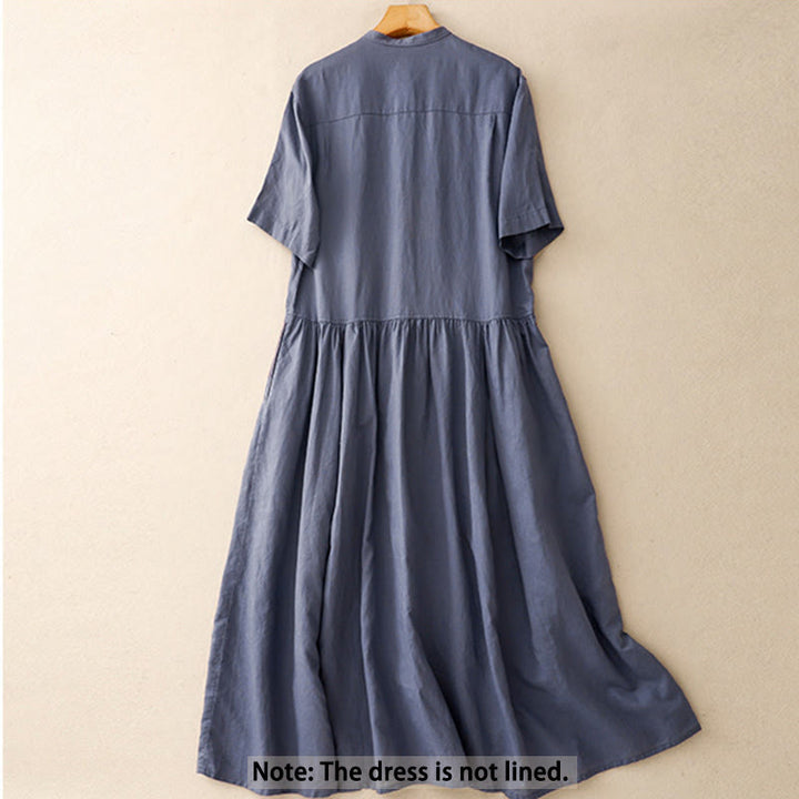 Buddha Stones Commute Pure Color Buttons Design Short Sleeve Cotton Linen Midi Dress With Pockets - image 2