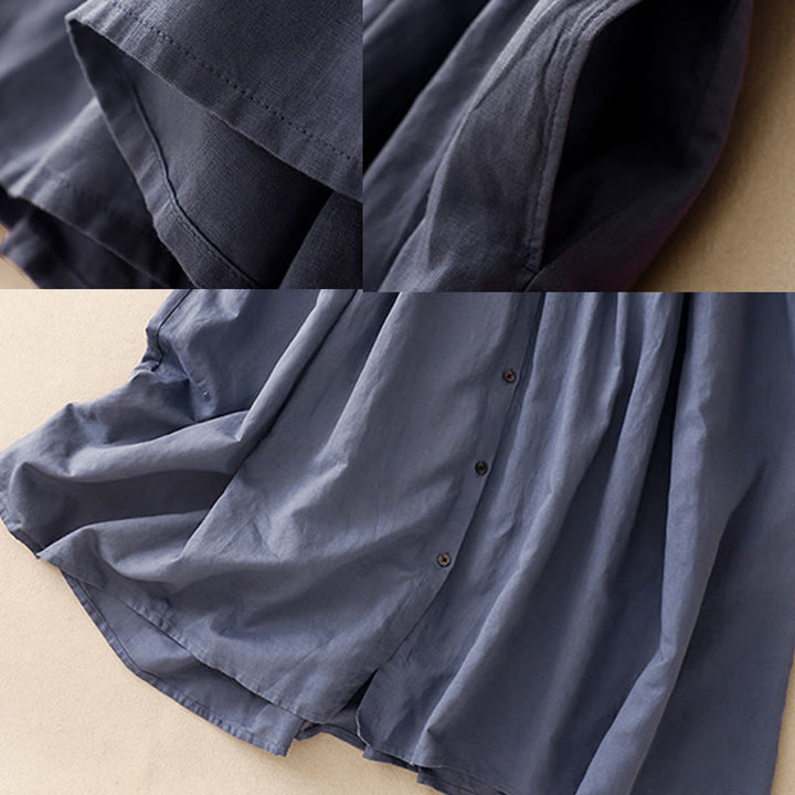 Buddha Stones Commute Pure Color Buttons Design Short Sleeve Cotton Linen Midi Dress With Pockets - image 7