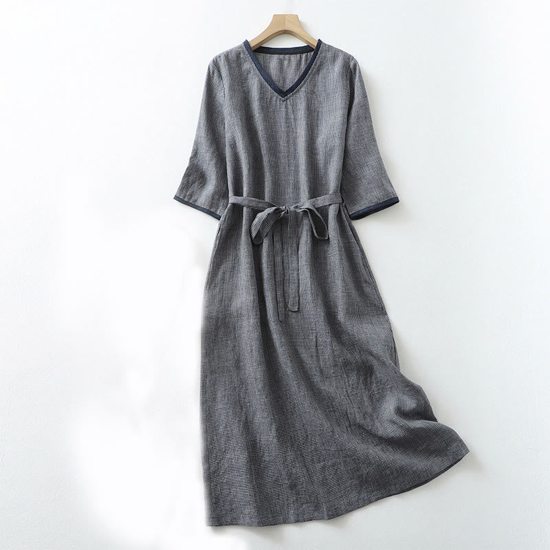 Buddha Stones Commute MidnightBlue Lace-Up Half Sleeve Design Cotton Linen Midi Dress With Pockets - MidnightBlue - US8-10,UK/AU12-14,EU40-42 (2XL) - image 1
