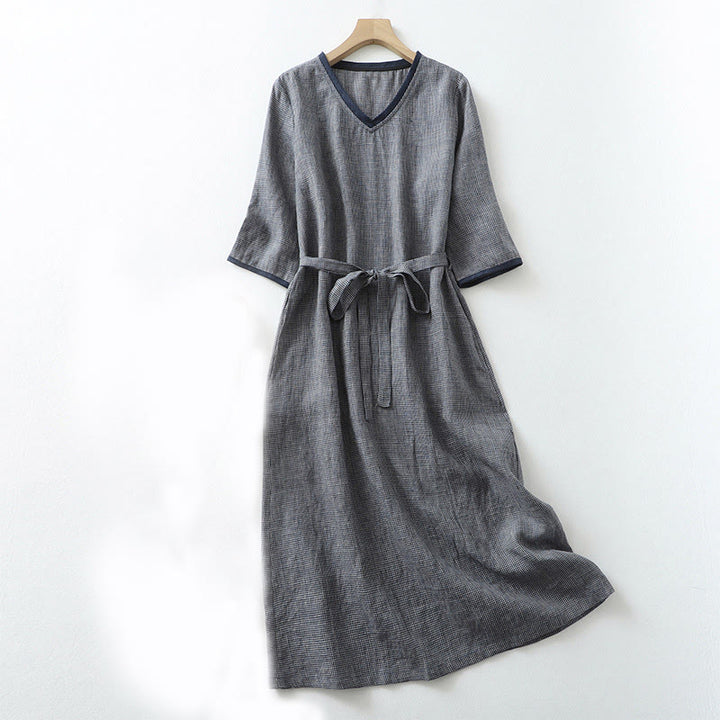Buddha Stones Commute MidnightBlue Lace-Up Half Sleeve Design Cotton Linen Midi Dress With Pockets - MidnightBlue - US8-10,UK/AU12-14,EU40-42 (2XL) - image 1