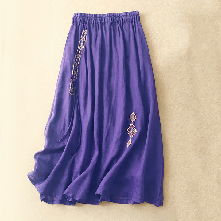 Buddha Stones Ethnic Vintage Embroidery Button Design Women's Cotton Linen 7-8 Length Skirt - DarkViolet - US8-10,UK/AU12-14,EU40-42 (2XL) - image 0