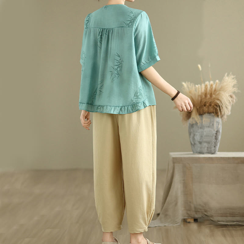 Buddha Stones 2pcs Casual Women's Short Sleeve Shirt Harem Pants Meditation Clothing Set - image 2