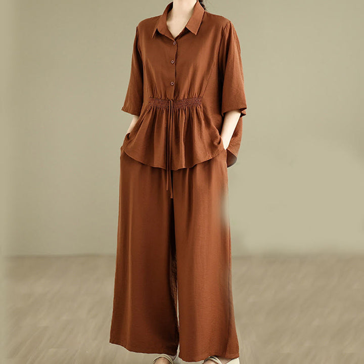 Buddha Stones 2pcs Casual Women's Stand Collar Shirt Loose Pants Meditation Clothing Set - image 2