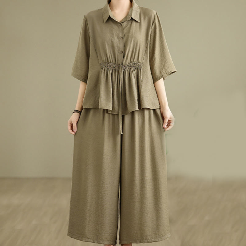 Buddha Stones 2pcs Casual Women's Stand Collar Shirt Loose Pants Meditation Clothing Set - DarkKhaki - US12,UK/AU16,EU44 (2XL) - image 13