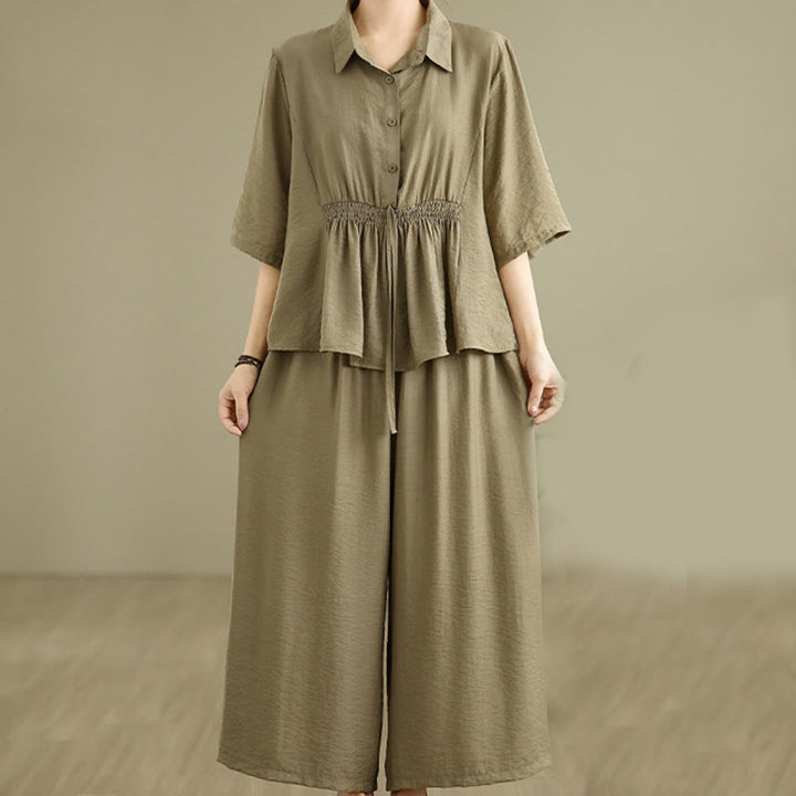 Buddha Stones 2pcs Casual Women's Stand Collar Shirt Loose Pants Meditation Clothing Set - DarkKhaki - US12,UK/AU16,EU44 (2XL) - image 13