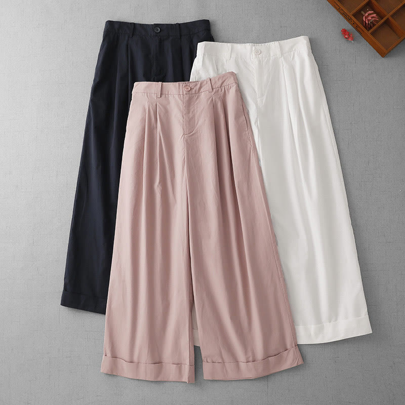 Buddha Stones Casual Plain High Waist Women's Polyester 7-8 Length Wide Leg Pants With Pockets - image 19