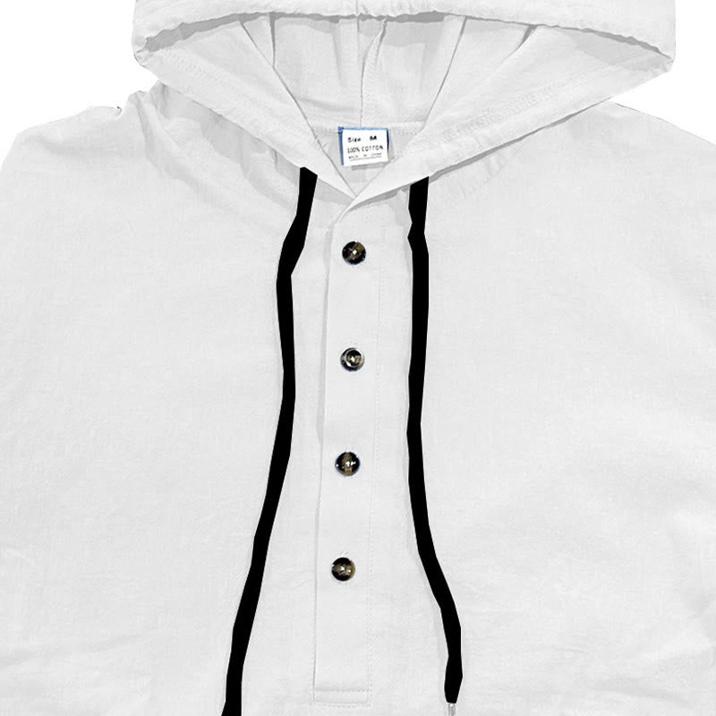 Buddha Stones Solid Color Fall Half Buttons Men's Hooded Long Sleeve Cotton Shirt - image 7